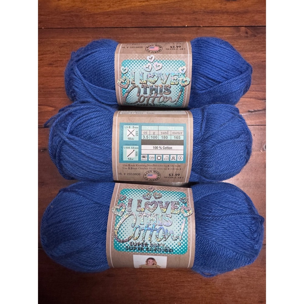Hobby Lobby I Love This Cotton Yarn Royal Blue 104 Lot of 3 Skeins 540 Yds Total